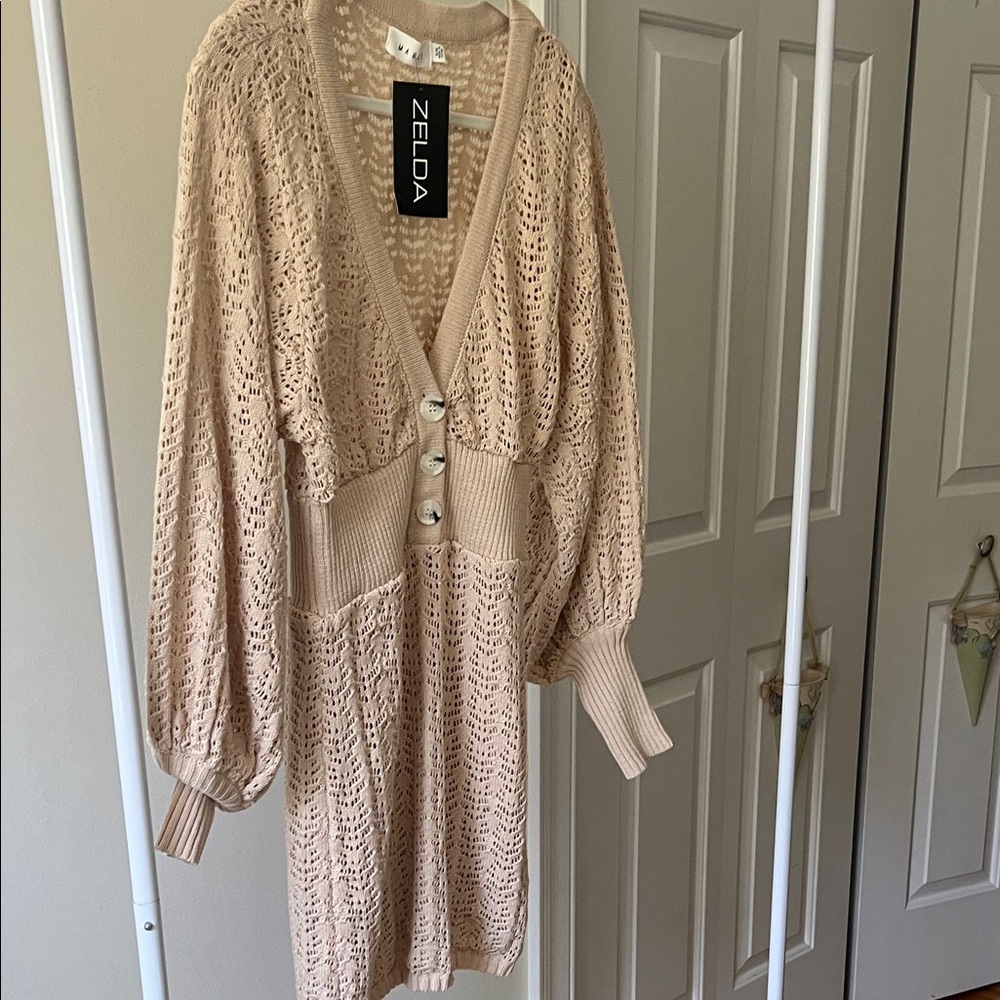 Women's Long Sleeve Crochet Dress - Beige